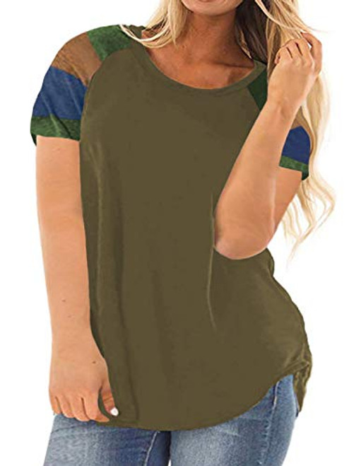 Plus Size Tops for Women Short Sleeve Tunics Casual Color Block Tee Blouses Army Green 3X 24W