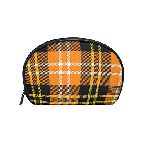 Yellow Tartan Halloween Womens Half Moon Cosmetic Bag Makeup Pouch Shell Toiletry Kits