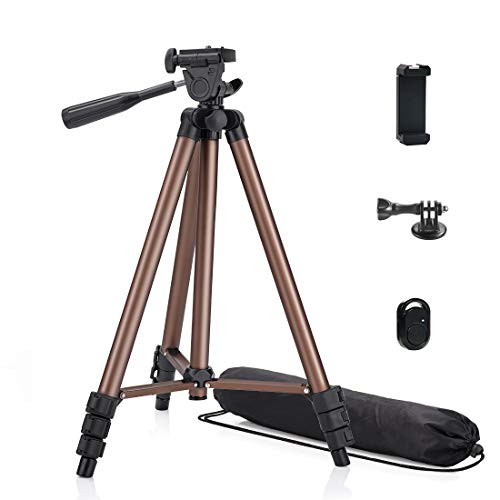 Phinistec 50 inch Phone Tripod Stand for Smartphone Camera iPhone Webcam Gopro with Universal Cell Phone Mount Bluetooth Remote Gopro Adapter and Bag -Matte Brown-