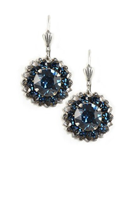 Clara Beau Dark Blue color Swarovski Glass Crystal Round Silvertone Cluster Earrings EAM101 Clara Beau Dark Blue color Swarovski Glass Crystal Round Silvertone Cluster Earrings EAM101