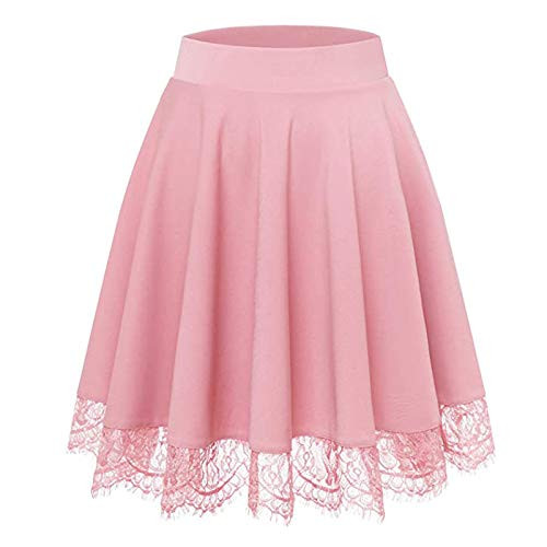 Womens Basic Versatile Stretchy Flared Casual Mini Skater Lace Patchwork Hem Skirt A-Line Stretch Waist Pleated Skirts Pink