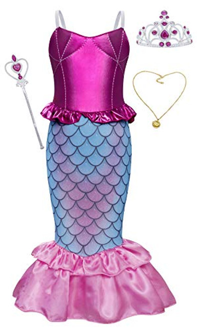 AmzBarley Mermaid Outfit Dress for Girls Princess Costume Fancy Party Cosplay Dress up Halloween Outfit Kids Holiday Role Play Clothes with Accessories Size 6 -5-6Years-