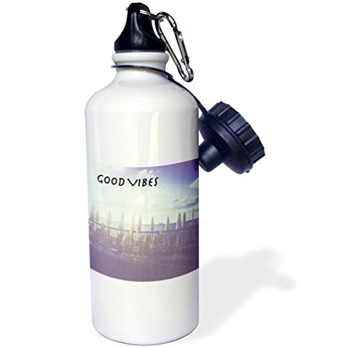 3dRose  inchGood Vibes expression sea side deck ocean view blue white purple inch Sports Water Bottle 21 oz White
