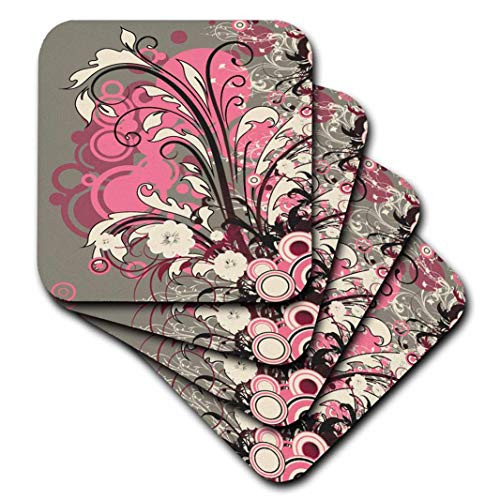 3D Rose Pink-Black-Gray-and White Flourishes and Circles Contemporary Design Soft Coasters