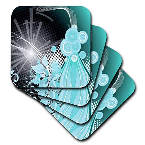 3dRose Turquoise White and Black Shimmering Streamers and Circles Abstract - Soft Coasters Set of 4 -CST_217845_1-