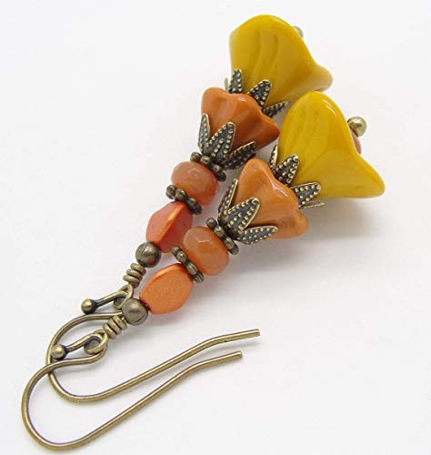 Terra Cotta and Mustard Yellow Flower Earrings in Antiqued Brass