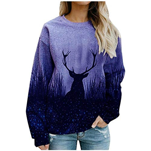 YAnGSale Top Chirstmas Shirt Elk Printing Sweatshirt Womens Xmas Forest Blouse Casual Pullover O Neck Autumn Sweater -Blue XL-