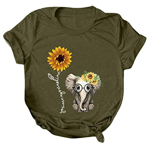 Meikosks Womens Cute Graphic Printing T Shirt Short Sleeve Round Neck Tunic Loose Sunflower Tops Army Green