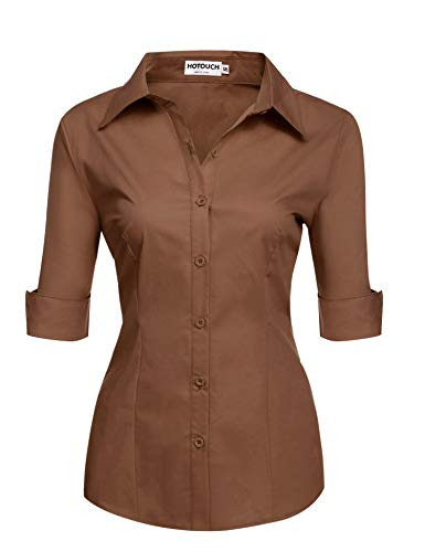 HOTOUCH Womens 3/4 Sleeve Button Down Shirt with StretchBrownLarge