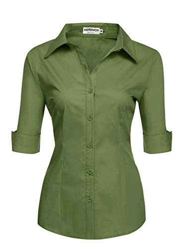 HOTOUCH Womens 3/4 Sleeve Button Down Shirt with StretchArmy GreenSmall