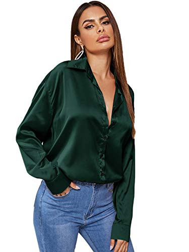 MakeMeChic Womens Satin Silk Long Sleeve Blouse Button Down Shirt Casual Top Green L