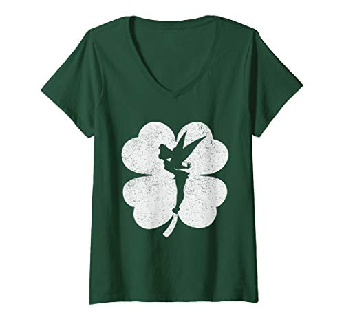 Womens Disney Tinker Bell Shamrock Silhouette St. Patricks Day V-Neck T-Shirt