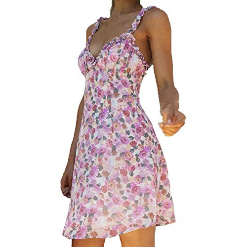 Womens Spaghetti Strap A-Line Floral Print Skirt Sleeveless Dress Long Maxi Summer Beach Swing Dress Pink