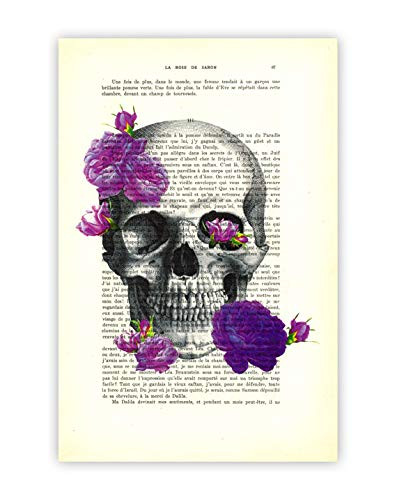 Skull and purple roses poster Mauve flowers gothic wall art Violet floral decor