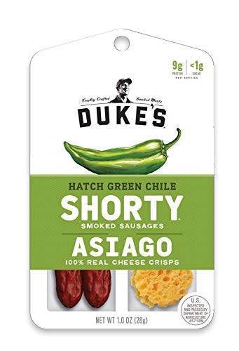 Dukes Shorty Smoked Sausages  and  Cheese Crisps Hatch Green Chile  and  Asiago 1 Ounce 12 Count