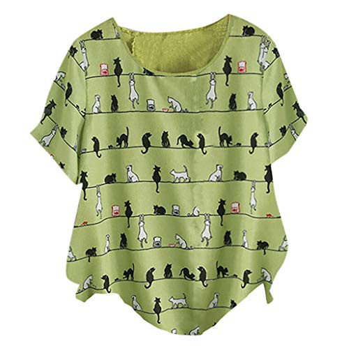 Meikosks Womens Plus Size Cotton and Linen Blouse Short Sleeve O-Neck Top Cat Print Tshirt Green