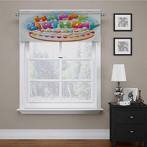 Adorise Window Valance Cartoon Happy Birthday Party Image Cake Candles Hearts Print Pole Pocket Curtain/Drape Panels for Kitchen Living Dining Room Multicolor 42 x 18 Inch