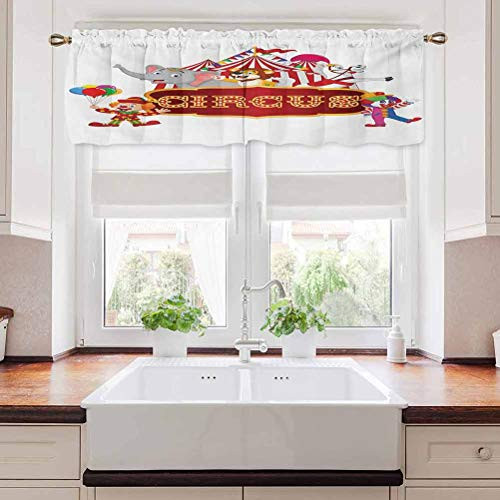 Circus Short Curtains Cute Happy Fun Trained Circus Animals with Nostalgic Tent Carnival Party Show Art 42 inch x 18 inch Red White