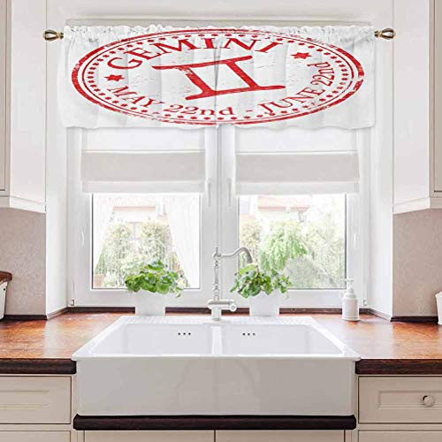 Zodiac Gemini Valances for Bathroom Weathered Old Rubber Stamp Design Vintage Circle Stars Sign and Dates 42 inch x 18 inch Scarlet and White