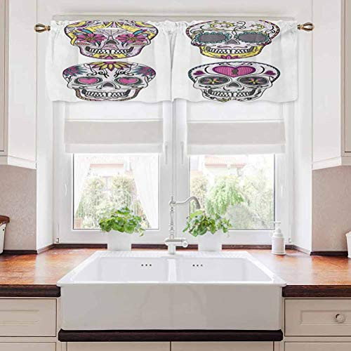 carmaxs Skull Valances for Bathroom Colorful Ornate Mexican Sugar Skull Set with Flower and Heart Pattern Calavera Humor 42 inch x 18 inch Multicolor
