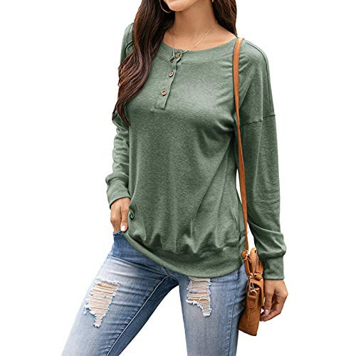 Womens Round Neck Long Sleeve Henley Shirts Button Down Tunic Pullover Top Green M