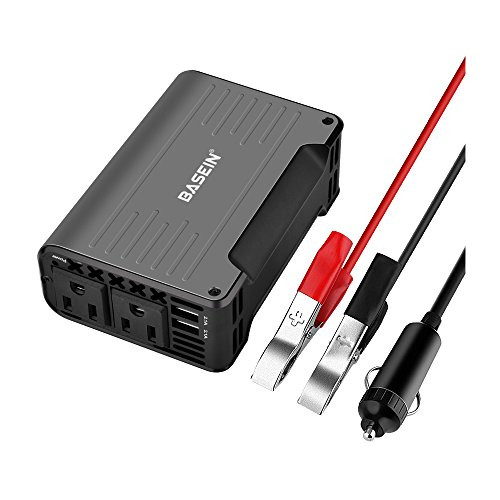 BASEIN 300W Power Inverter DC 12V to 110V AC Converter with 4.2A Dual USB Charger Car Inverter- Grey