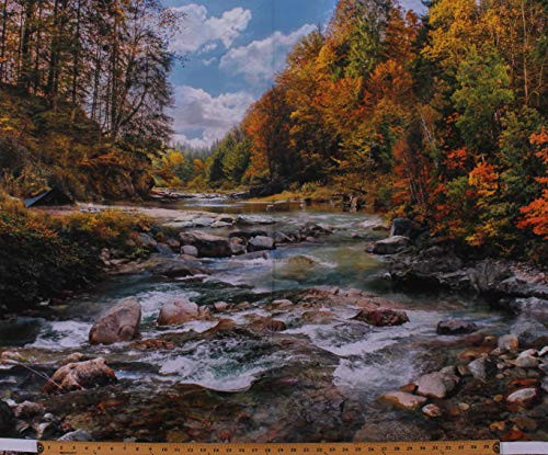36 inch X 44 inch Panel Call of The Wild Landscape Forest River Stream Woods Trees Wilderness Fall Autumn Nature Scenic Digital Spectrum Cotton Fabric Panel -D364.34-