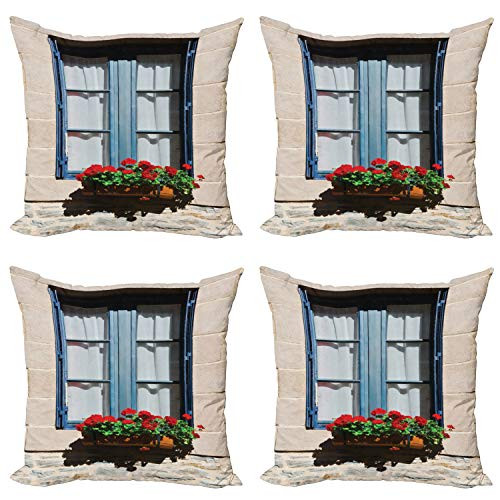 Ambesonne Country Throw Pillow Cushion Case Pack of 4 Mediterranean Style Window Open Shutters Image French Urban Life Theme Print Modern Accent Double-Sided Digital Printing 18 inch Blue Grey