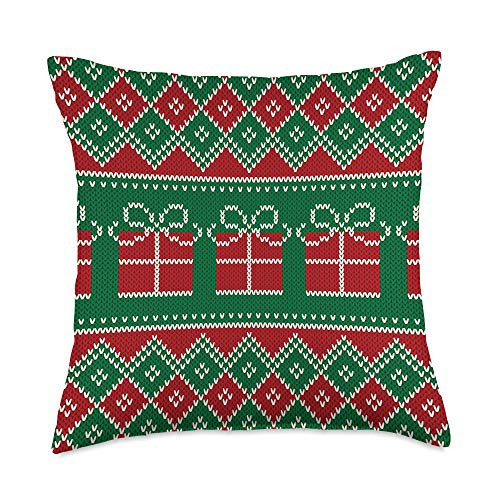 24-7-365 Xmas Christmas Holiday Gifts Christmas Present Box Red Green Ugly Xmas Knit Pattern Gift Throw Pillow 18x18 Multicolor
