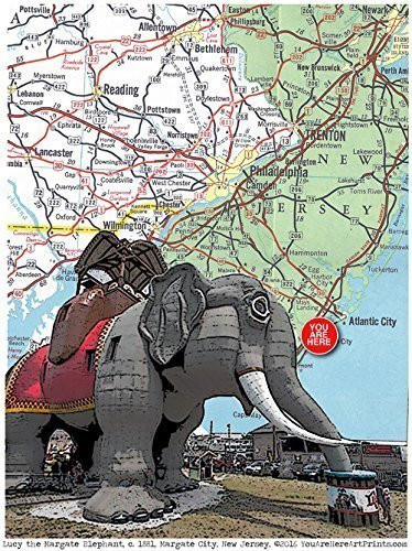 Lucy the Margate Elephant New Jersey roadside attraction Map Art. 8.5 inch x 11 inch Fine Art Print. Unmatted and Ready to Mat and Frame. Gallery Quality.