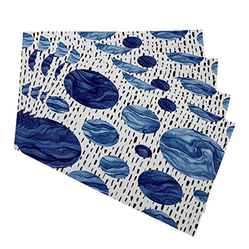 Mugod Marble Texture Placemats Hand Drawn Seamless Pattern of Watercolor Deep Blue Circles Decorative Heat Resistant Non-Slip Washable Place Mats for Kitchen Table Mats Set of 4 12 inchx18 inch
