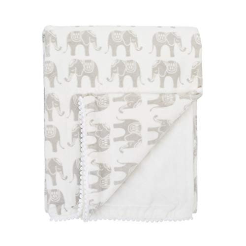 NoJo Serendipity - Ivory Elephant Print Plush Baby Blanket, Ivory, Grey