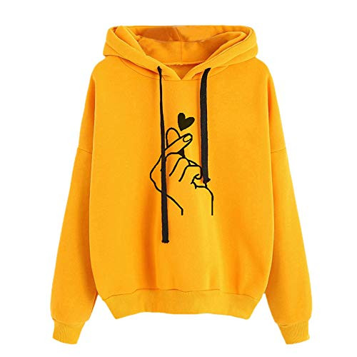 Hoodies for Women Pullover Gesture Printed Soild Hooded Drawstring Sweatshirt Casual Long Sleeve Tunic Tops Yellow