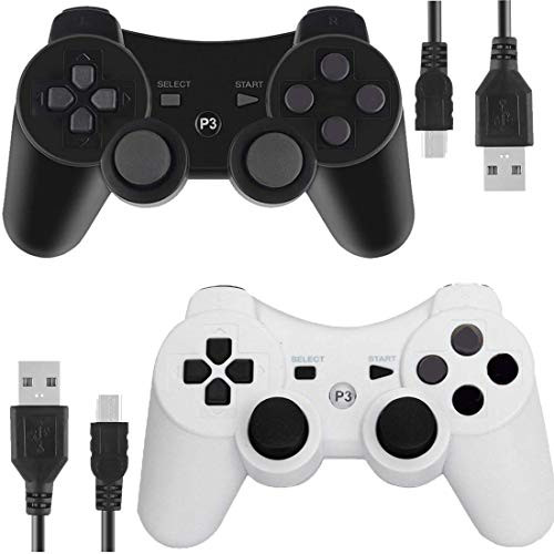 PS3 Controllers for Playstation 3 Dualshock Six-axis Wireless Bluetooth Remote Gaming Gamepad Joystick Includes USB Cable -Black and WhitePack of 2-