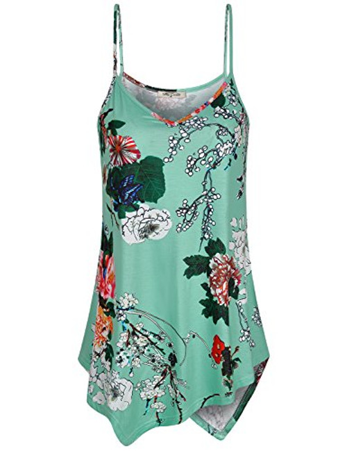 SeSe Code Spaghetti Strap Tops Women Juniors Clothing Summer Outfits Cute Tanks Floral Printing Tunic Slimming Shirts Pleated V Neck Cami Tank Top Green X Large