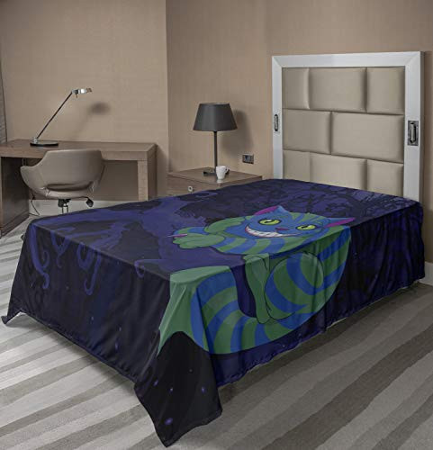 Lunarable Alice in Wonderland Flat Sheet Chester Cat Sitting on Branch Fairytale Forest Character Soft Comfortable Top Sheet Decorative Bedding 1 Piece Twin Size Purple Green