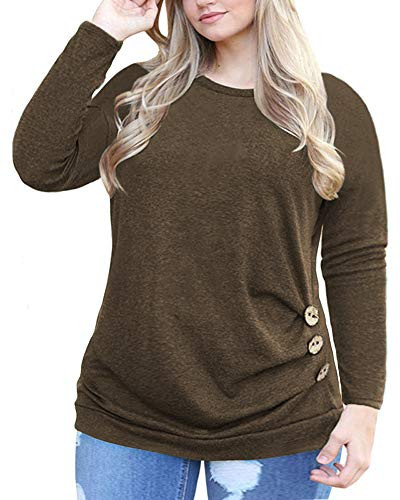 Plus Size Tops Casual Long Sleeve Tunic Buttons Shirts Loose Blouse Top Coffee 22W