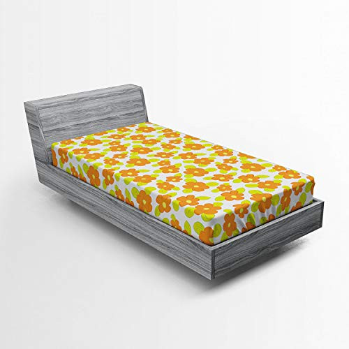Ambesonne Orange Fitted Sheet Kids Theme Girlish Pattern with Doodle Flowers and Green Leaves Bed Cover with All-Round Elastic Deep Pocket for Comfort Twin Size Orange Apple Green Yellow