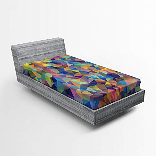 Lunarable Abstract Fitted Sheet Abstract Colorful Triangles Shapes Ornate Fractal Mosaic Formation Illustrations Soft Decorative Fabric Bedding All-Round Elastic Pocket Twin Size Green Coral