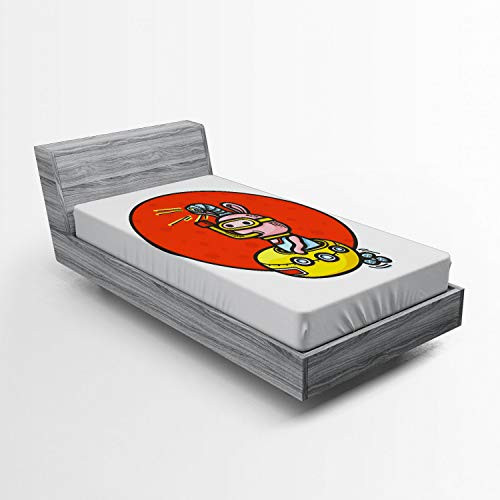 Ambesonne Yellow Submarine Fitted Sheet Little Alien Cartoon in Spaceship with Periscope Over Red Moon Planet Kids Bed Cover with All-Round Elastic Deep Pocket for Comfort Twin Size White Red