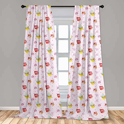 Ambesonne Cupcake 2 Panel Curtain Set Wedding Celebration Muffins with Whipped Cream Roses Dots Valentines Day Theme Lightweight Window Treatment Living Room Bedroom Decor 56 inch x 84 inch Multicolor