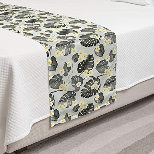 Lunarable Grey and Yellow Bed Runner Tropical Plumeria Blossoms on Greyscale Foliage Hawaiian Flora Decorative Accent Bedding Scarf for Hotels Homes and Guestrooms Dark Grey Yellow Grey