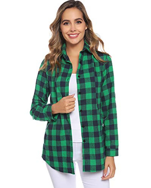 Hawiton Womens Long Sleeve Roll Up Plaid Flannel Shirt Button Down Boyfriend Casual Tops with Pockets Green