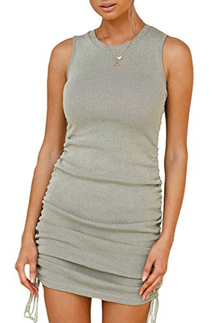 BTFBM Women Sleeveless Bodycon Ruched Short Dress Side Drawstring Solid Crew Neck Casual Summer Tank Shirt Mini Dresses -Green Small-