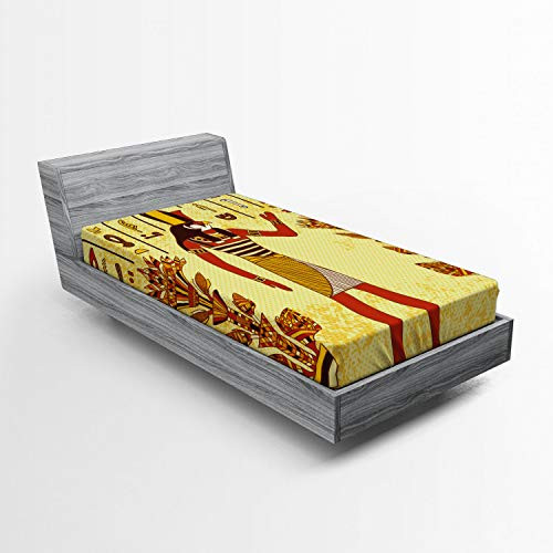 Ambesonne Ethnic Fitted Sheet Ancient Egyptian Hieroglyph with Pharaoh Retro Myth Papyrus Graphic Soft Decorative Fabric Bedding All-Round Elastic Pocket Twin Size Pale Yellow Red Marigold