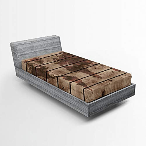 Lunarable Rustic World Map Fitted Sheet World Atlas Reflection on Horizontal Oak Trees with Lines Region Space Theme Soft Decorative Fabric Bedding All-Round Elastic Pocket Twin Size Brown