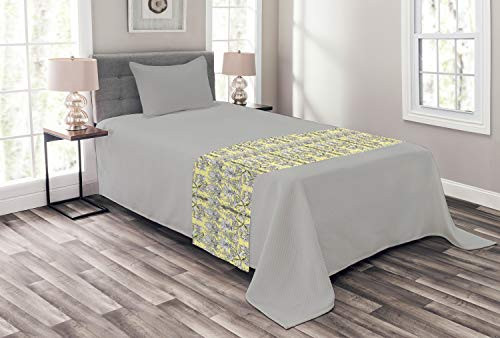Ambesonne Grey and Yellow Bed Runner Bohem Design with Flowers Leaves Swirls and Dots Image Decorative Accent Bedding Scarf for Hotels Homes and Guestrooms Black and White