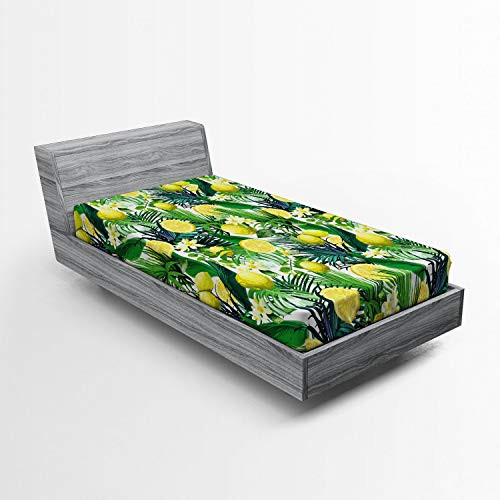 Ambesonne Nature Fitted Sheet Tropical Plants with Large Evergreen Leaf Lemon Botany Palm Jungle Graphic Soft Decorative Fabric Bedding All-Round Elastic Pocket Twin Size Yellow Forrest Green