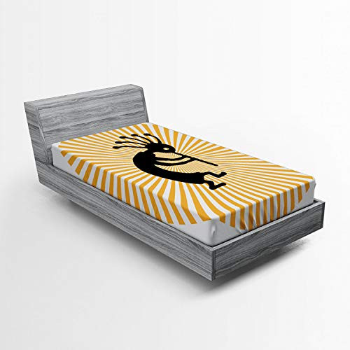Lunarable Kokopelli Fitted Sheet Fertility Kokopelli Dancing on Abstract Sun Background Illustration Bed Cover with All-Round Elastic Deep Pocket for Comfort Twin Size Yellow and Black