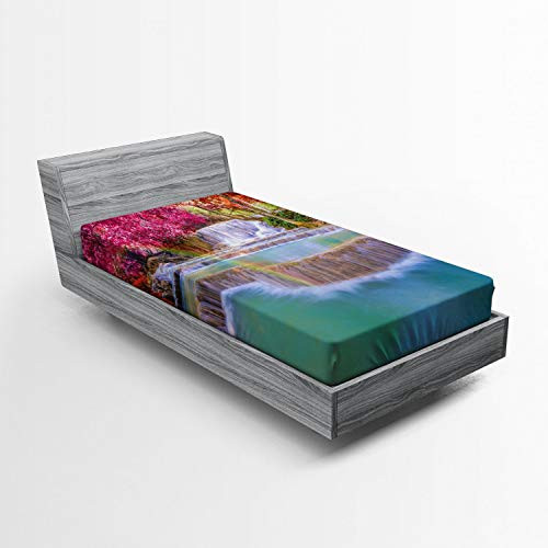 Ambesonne Waterfall Fitted Sheet Rain Forest in Vietnam Laos with South Pink and Orange Trees Side of River Image Bed Cover with All-Round Elastic Deep Pocket for Comfort Twin Size Blue